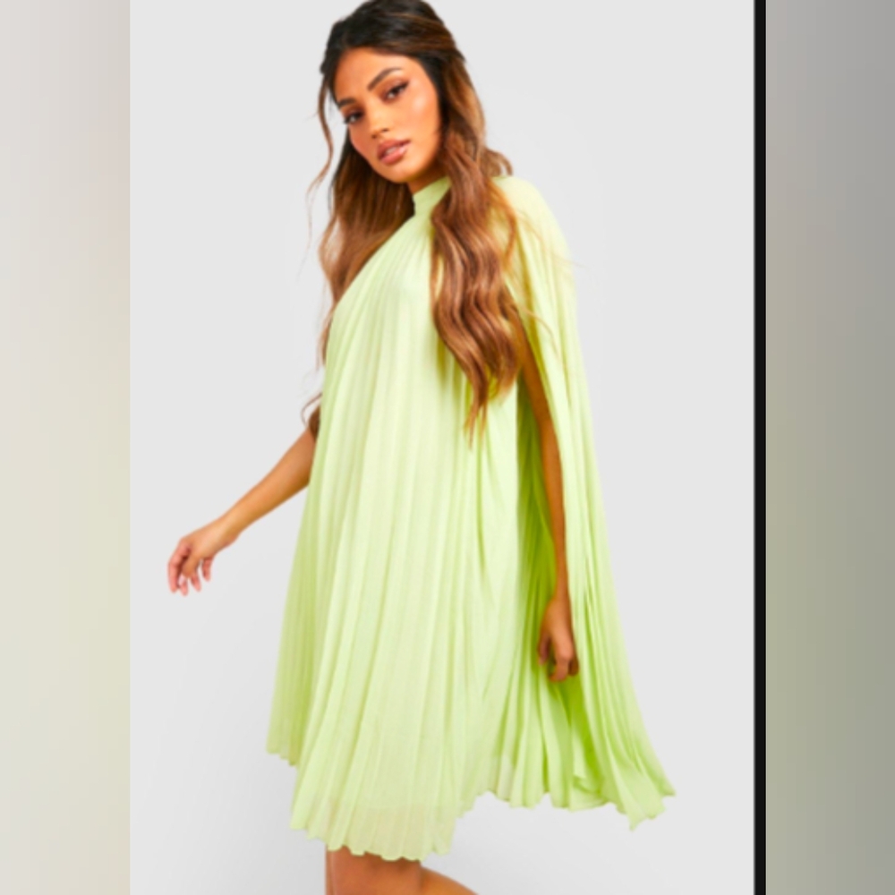 Boohoo Occasion Pleated Cape Swing Dress (Lemon)